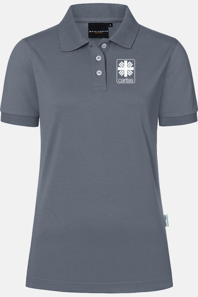 Poloshirt Tarona - speziell für die Caritas, tailliert geschnitten, Farbe: anthrazit, Größe: XS mit Druck des Logos der Caritas auf der Brust