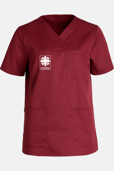 Damen Schlupfkasack Eika Premium - speziell für die Caritas, Farbe: bordeaux, Größe: XS mit Druck des Logos der Caritas auf der Brust