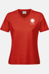 Damen T-Shirt carestin mit V-Ausschnitt - speziell für die Caritas, tailliert geschnitten, Farbe: rot, Größe: XS mit Druck des Logos der Caritas auf der Brust