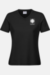 Damen T-Shirt carestin mit V-Ausschnitt - speziell für die Caritas, tailliert geschnitten, Farbe: schwarz, Größe: XS mit Druck des Logos der Caritas auf der Brust