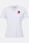 Damen T-Shirt carestin mit V-Ausschnitt - speziell für die Caritas, tailliert geschnitten, Farbe: weiß, Größe: XS mit Druck des Logos der Caritas auf der Brust
