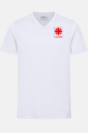Herren T-Shirt carestin mit V-Ausschnitt - speziell für die Caritas, gerade geschnitten, Farbe: weiß, Größe: XL mit Druck des Logos der Caritas auf der Brust